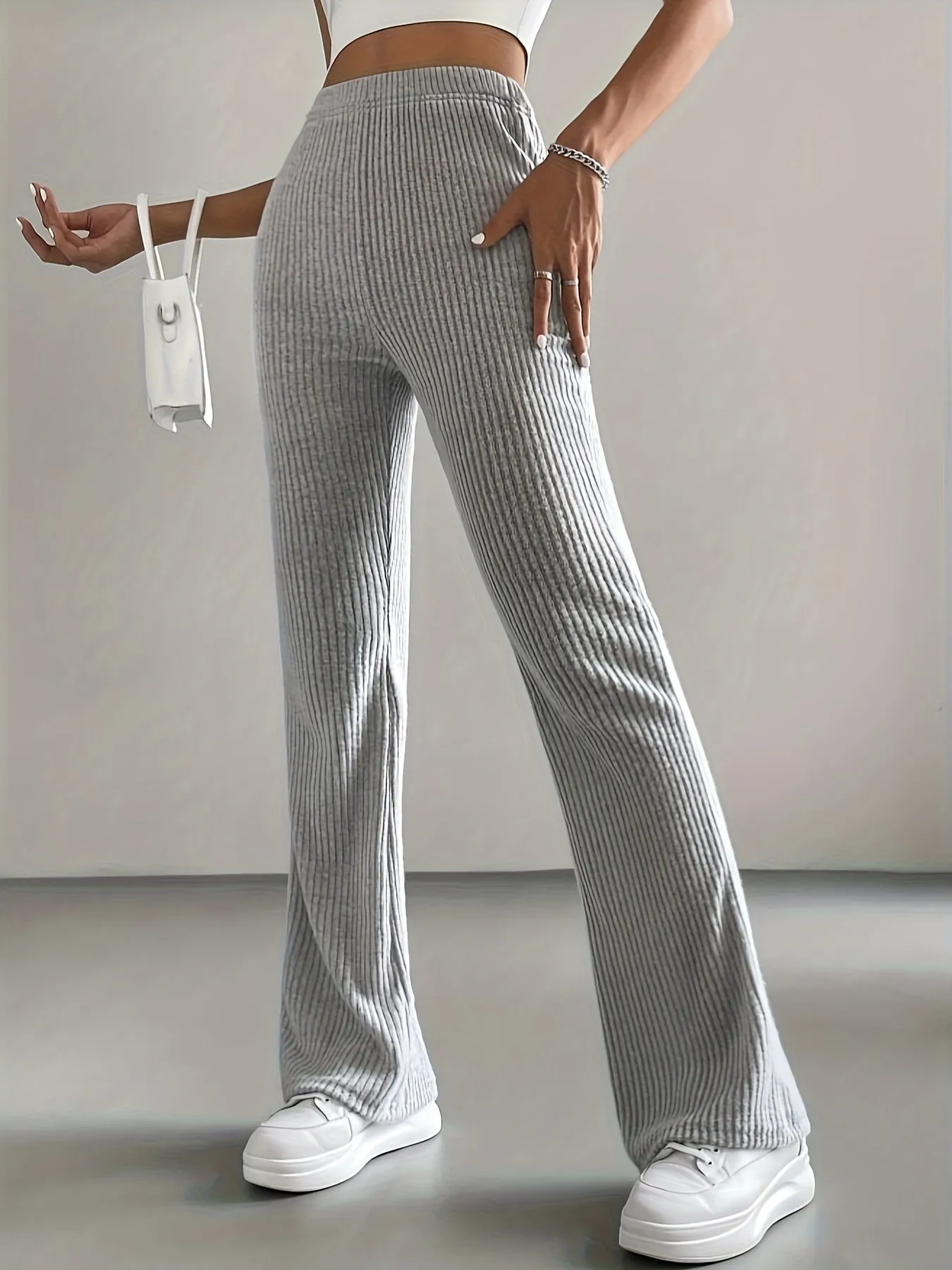 Women's Ribbed Knit Textured Solid Color Flared Pants, High-Waist Casual Sports Trousers