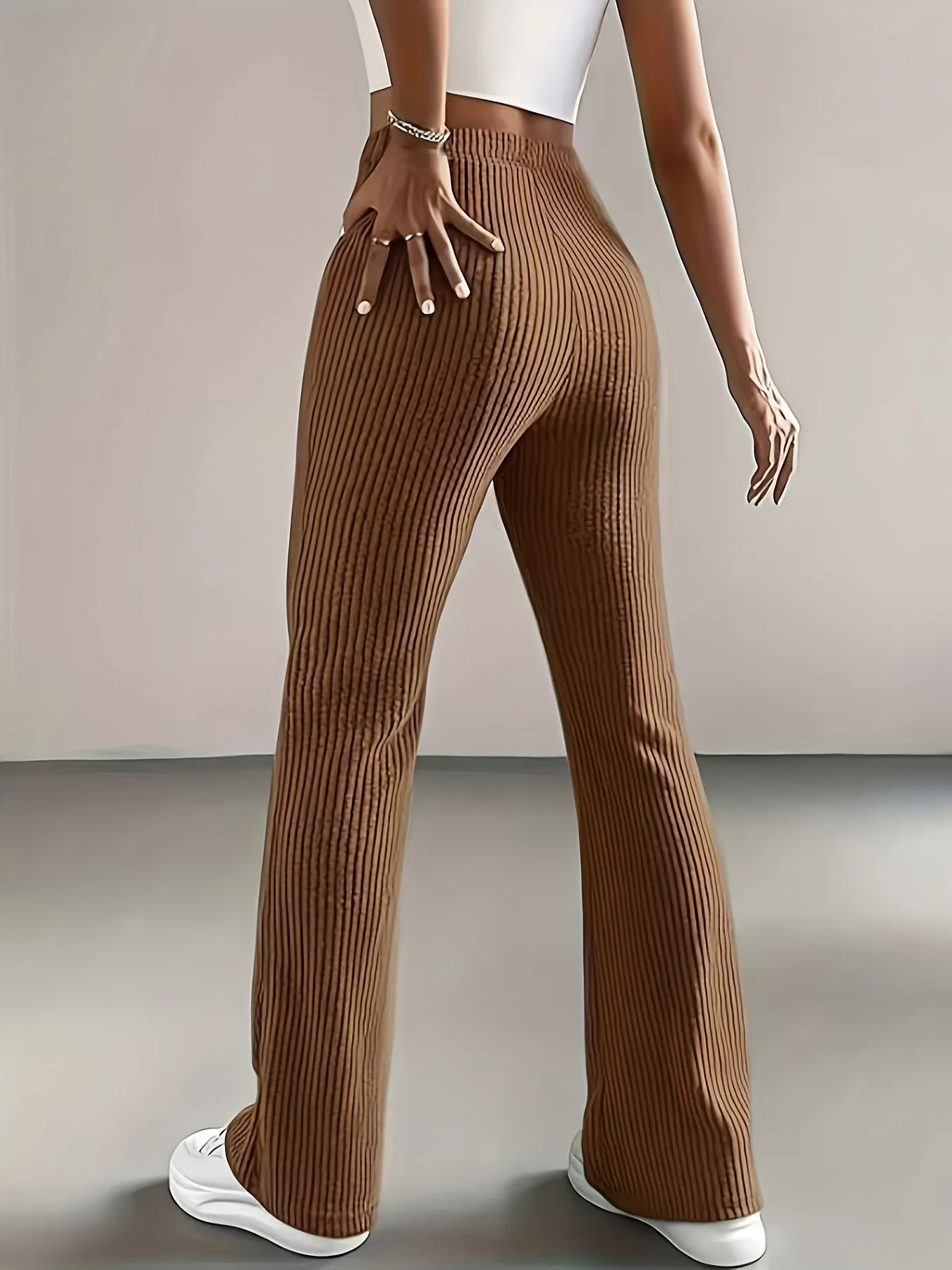 Women's Ribbed Knit Textured Solid Color Flared Pants, High-Waist Casual Sports Trousers