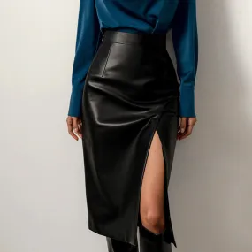 Women's Sexy High-Waisted Leather Midi Skirt with Front Slit and Zipper Closure