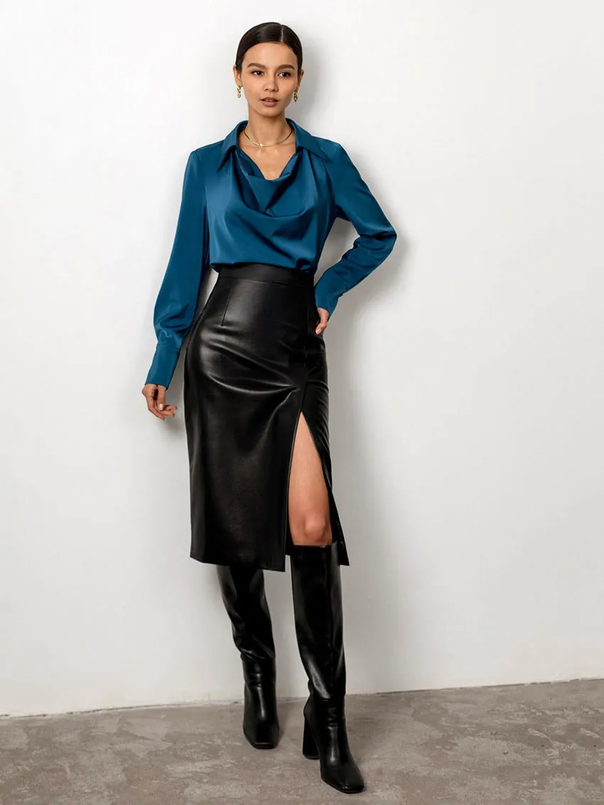 Women's Sexy High-Waisted Leather Midi Skirt with Front Slit and Zipper Closure