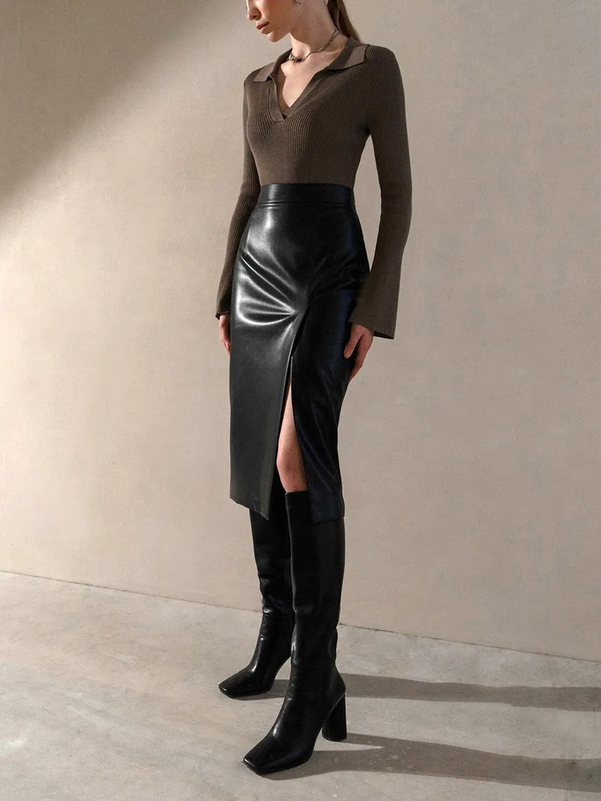 Women's Sexy High-Waisted Leather Midi Skirt with Front Slit and Zipper Closure