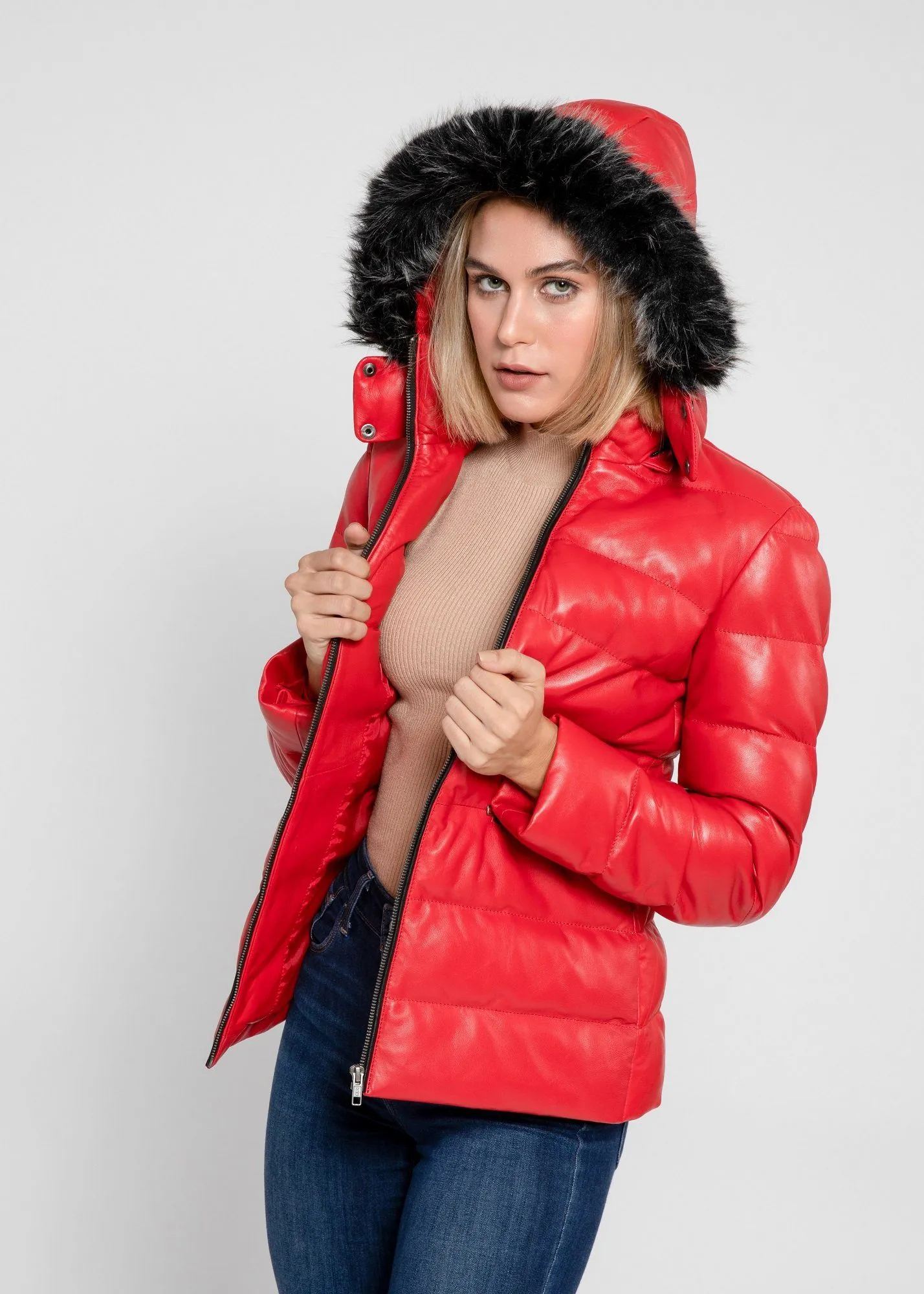 Women's Striking Puffer Arctic Red Down Leather Jacket with Fur