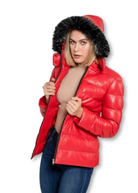 Women's Striking Puffer Arctic Red Down Leather Jacket with Fur