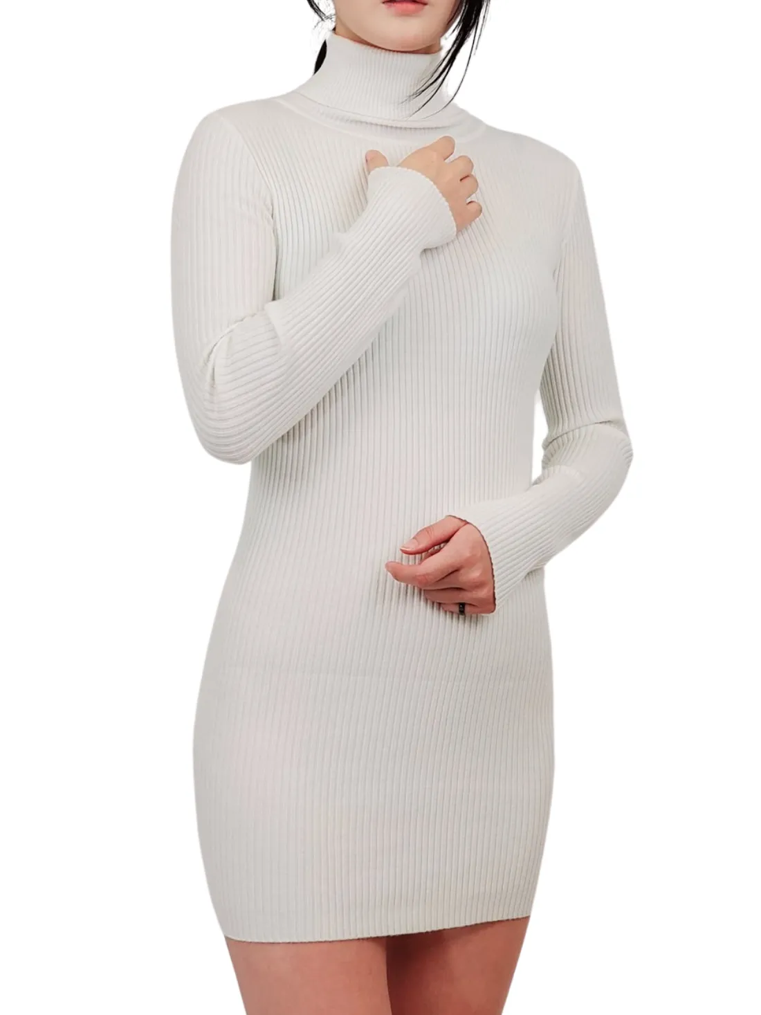 Yemak Women's Ribbed Turtleneck Long Sleeve Slim Fit Mini Dress MK8121