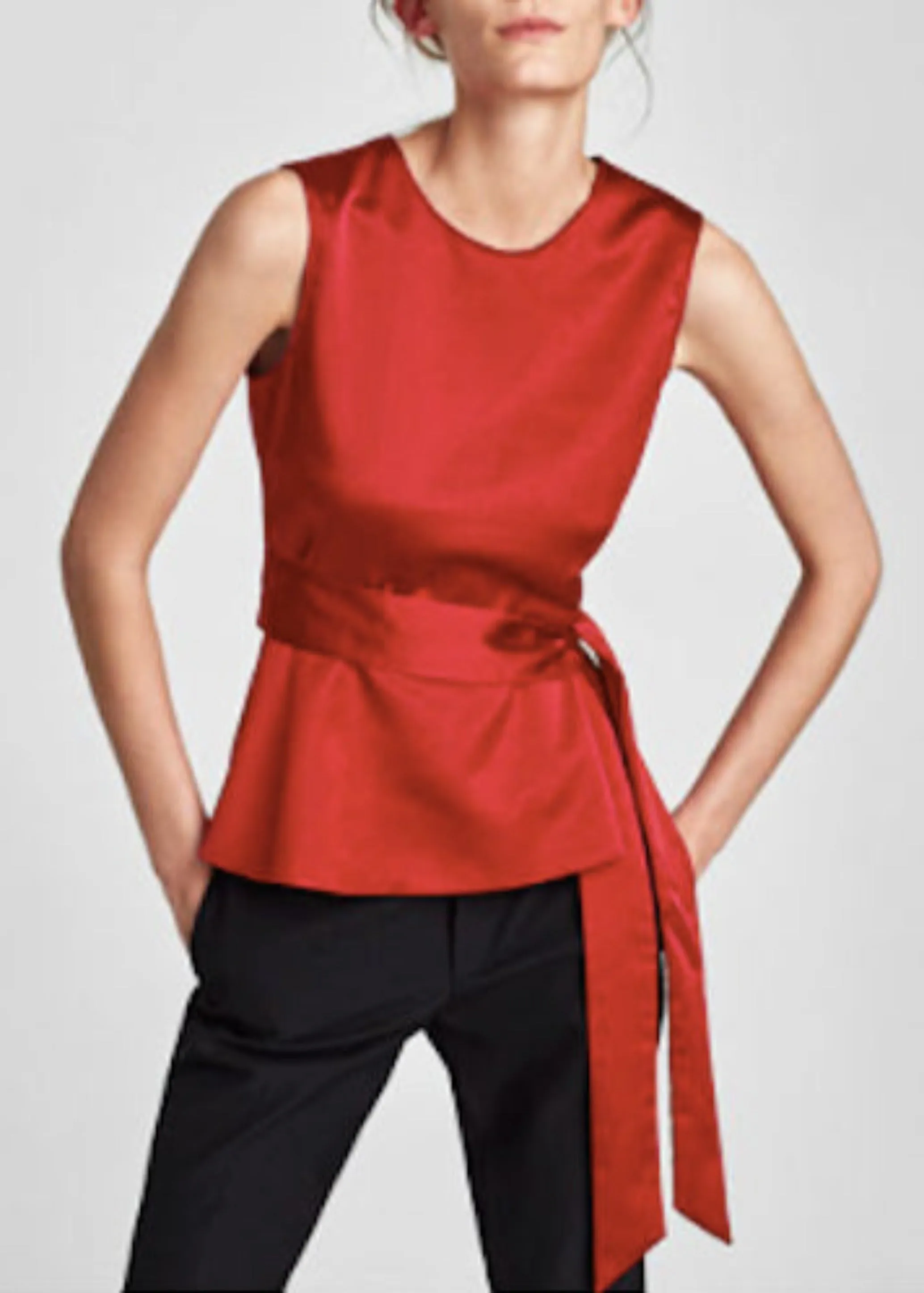 ZARA Women's red satin sleeveless peplum top w/ sash, M