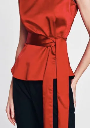 ZARA Women's red satin sleeveless peplum top w/ sash, M